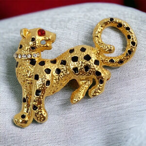 Vintage Leopard Cat Figural Brooch  2" Red Rhinestone Eye Cheetah Estate Pin